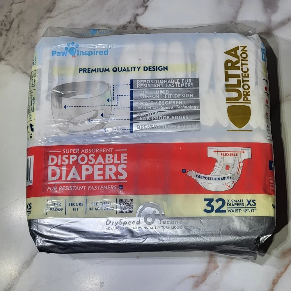 Paw Inspired NIP Super Absorbent 32 Count Female Dog Disposable Diapers Size XS
